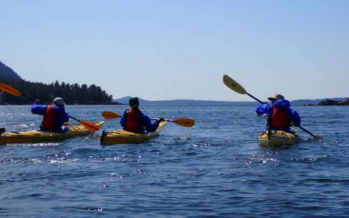 three kayaks are paddled by outward bound students in the pacific northwest
